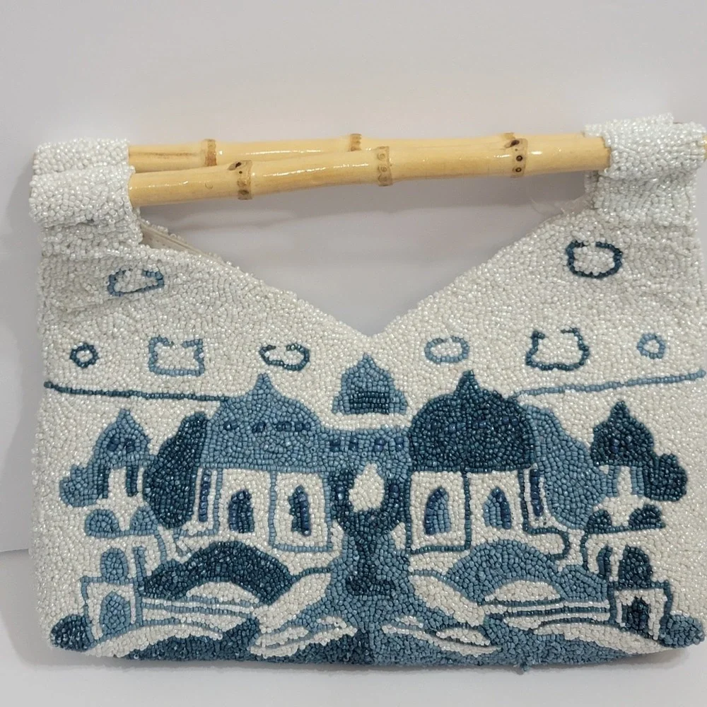Viral Blue White Santorini Greece Beaded Bamboo Handle Bag Clutch Made India NWT